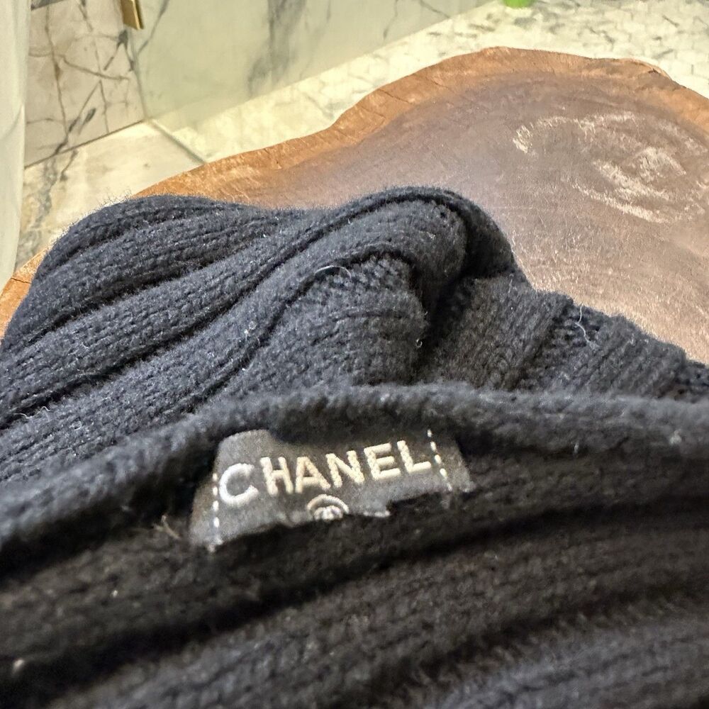 Chanel Vintage 86” Cashmere Knit Scarf Black Fringe Beaded Embellished Wrap RARE - Picture 8 of 9